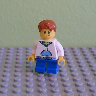 LEGO Minifigure-White Hoodie with Blue Pockets, Blue Short Legs, Dark Orange Hair, Crooked Smile with Black Dimple-Holiday / Christmas-HOL037-Creative Brick Builders